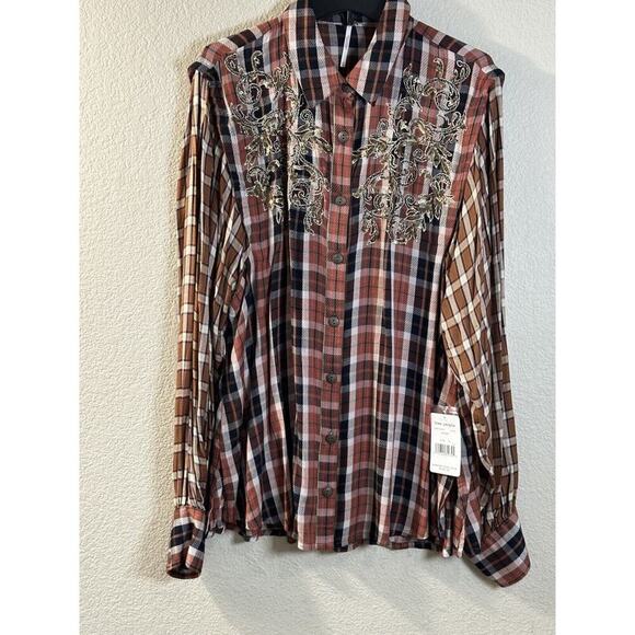 Free People Copper Plaid Snow Top Mountain Top Shirt Button down Medium M NEW - Picture 12 of 16